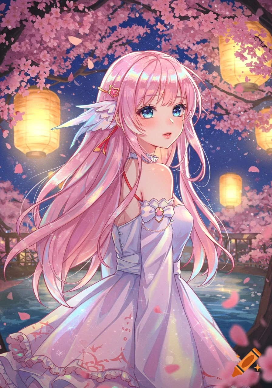 An anime girl with long pink hair and blue eyes, wearing a white dress, stands under cherry blossom trees with glowing lanterns at night.