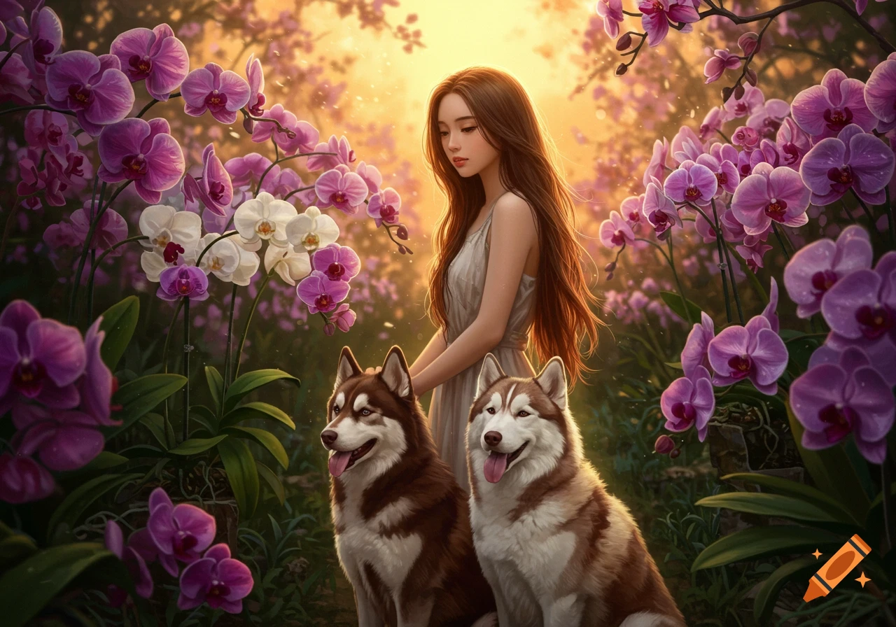 A young woman with long brown hair stands with two huskies in a field of purple and white orchids under golden light.