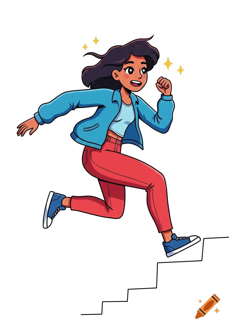 Cartoon illustration of a young woman in a blue jacket and red pants running up stairs.