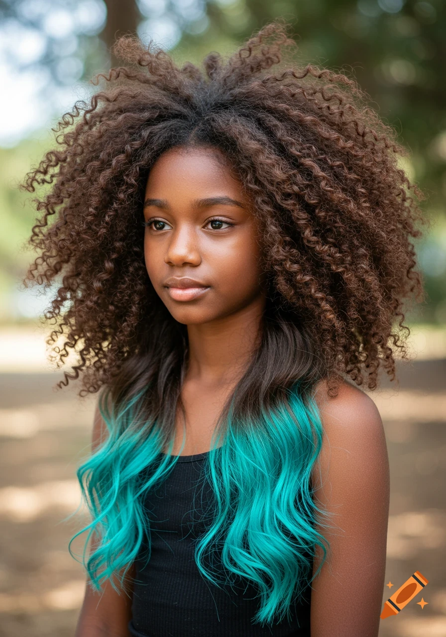 A portrait of a young girl with dark skin and curly brown hair with turquoise ends, looking sideways outdoors.