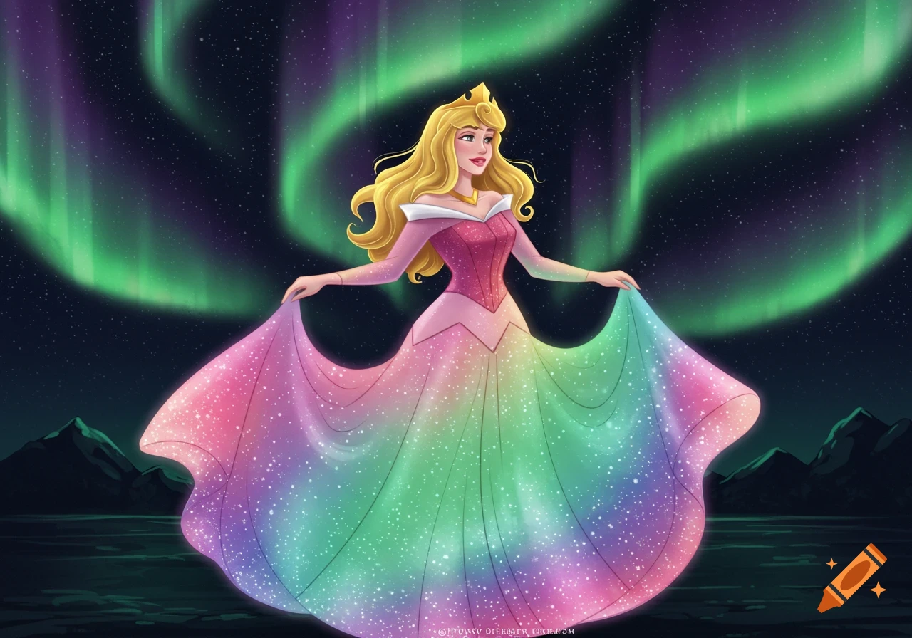 A cartoon Disney princess Aurora in a sparkling rainbow dress stands under the green and purple Northern Lights.