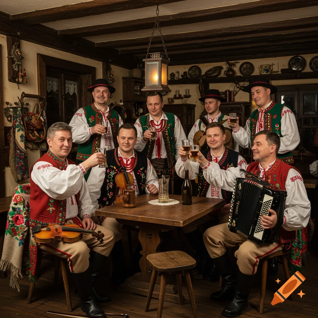 A group of men in traditional Polish folk attire, some holding musical instruments like a violin and accordion, raising glasses of drinks in a rustic, wood-paneled room.