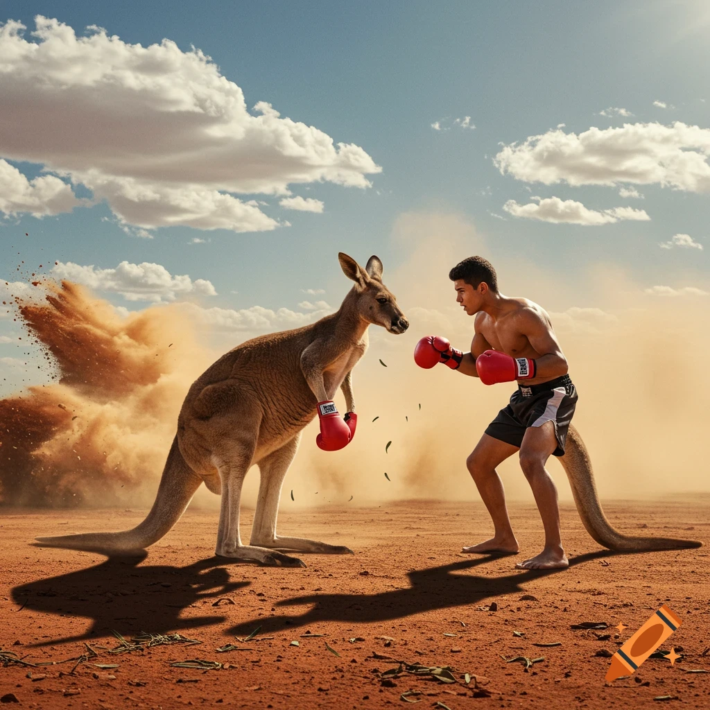 A muscular boy and a kangaroo face off, both wearing red boxing gloves, in a dusty desert landscape under a cloudy sky.