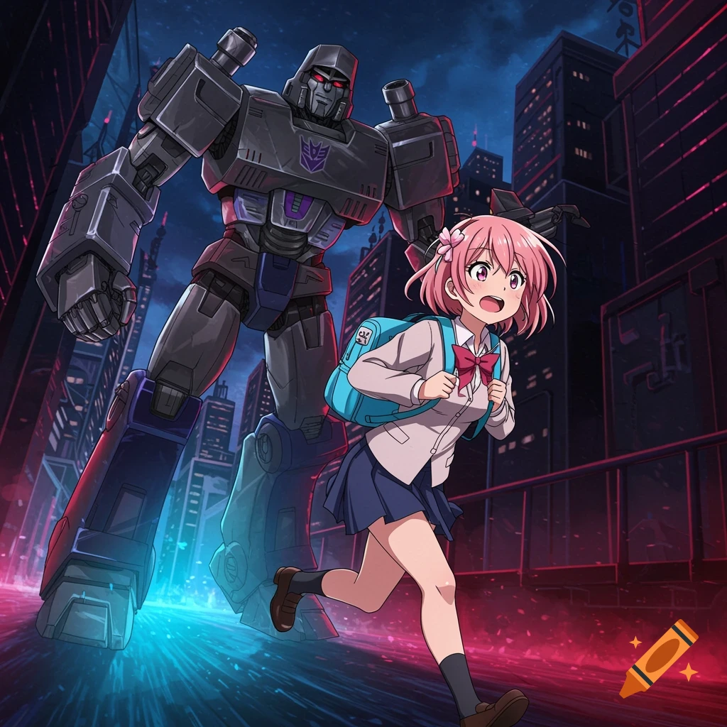 A large gray robot (Megatron) stands behind a pink-haired anime girl with a blue backpack, running forward in a neon-lit city.