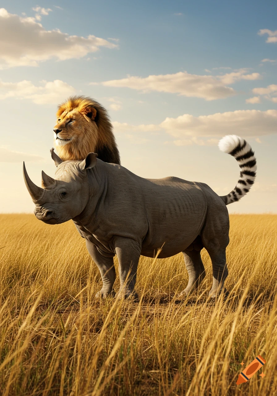 A photorealistic image of a hybrid creature with a lion's head and mane on a rhinoceros body, featuring a striped tail. It stands in a golden savanna under a blue sky with scattered clouds.