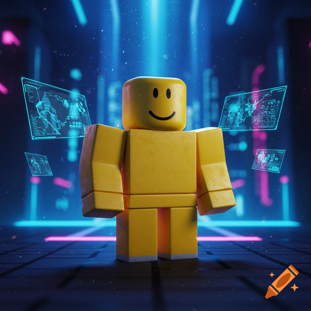 A yellow Roblox Noob character stands in a futuristic, neon-lit room with glowing holographic data screens. 3D digital art.