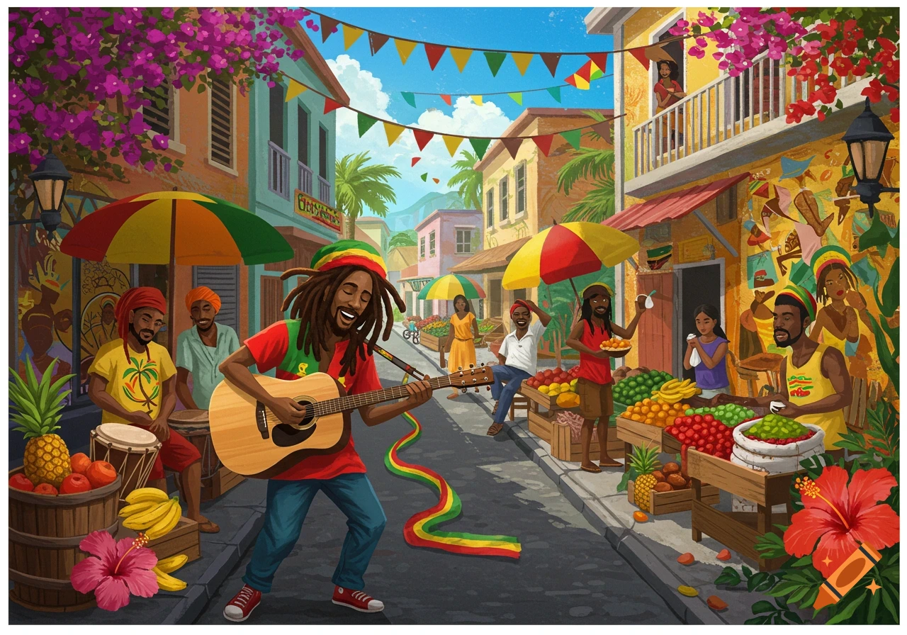 A colorful illustration of a lively Jamaican street scene with a musician playing guitar, market stalls with fruit, and people walking by.