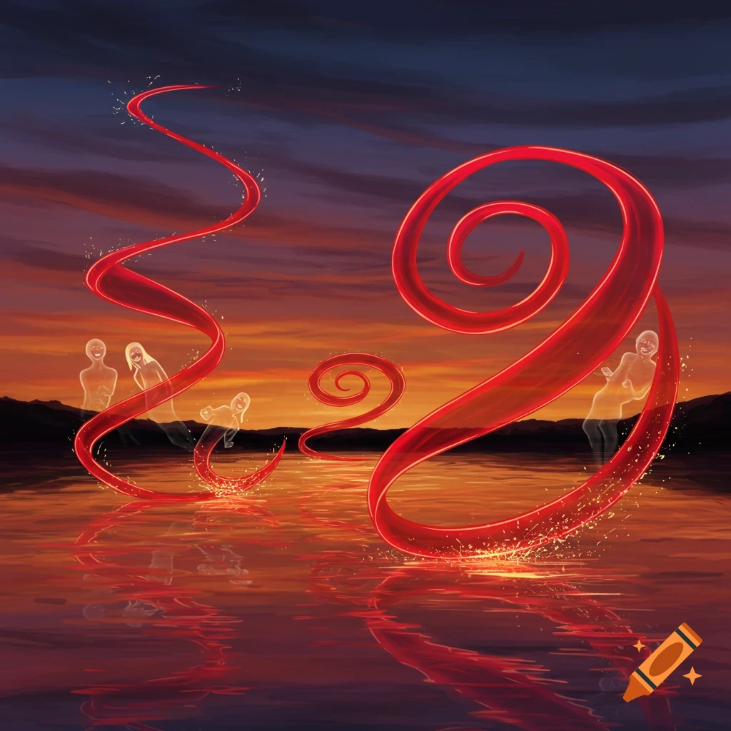 Red ribbon-like figures resembling numbers and ghostly, laughing figures over a reflective water surface at sunset.