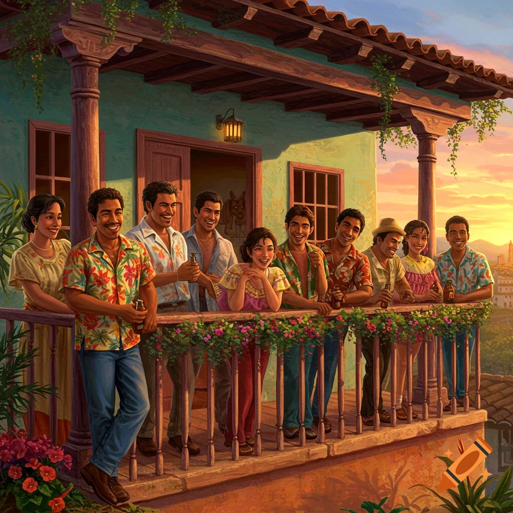 A group of smiling Latin American men and women gather on a colorful, flower-adorned balcony, holding drinks at sunset, in an illustrative style.