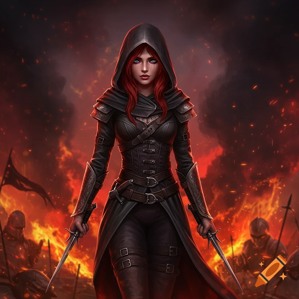 A red-haired female assassin in a black hooded outfit holds two daggers, standing against a fiery battlefield.