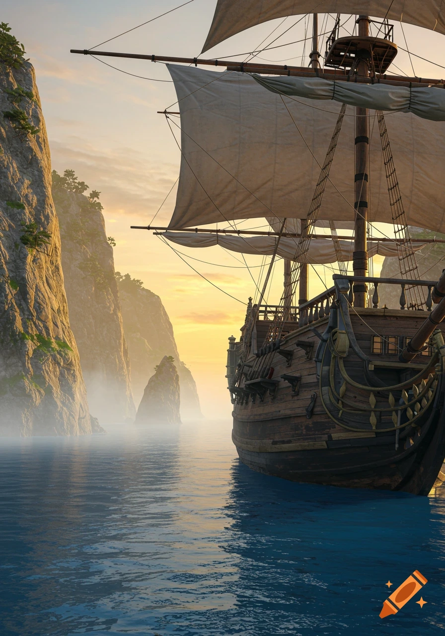 A detailed wooden pirate ship with white sails at golden hour, sailing near towering sea cliffs shrouded in mist on calm blue water.