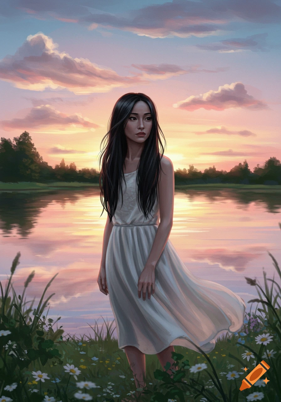 A young woman with long black hair stands by a lake at sunset, amidst a field of wildflowers in a painterly style.