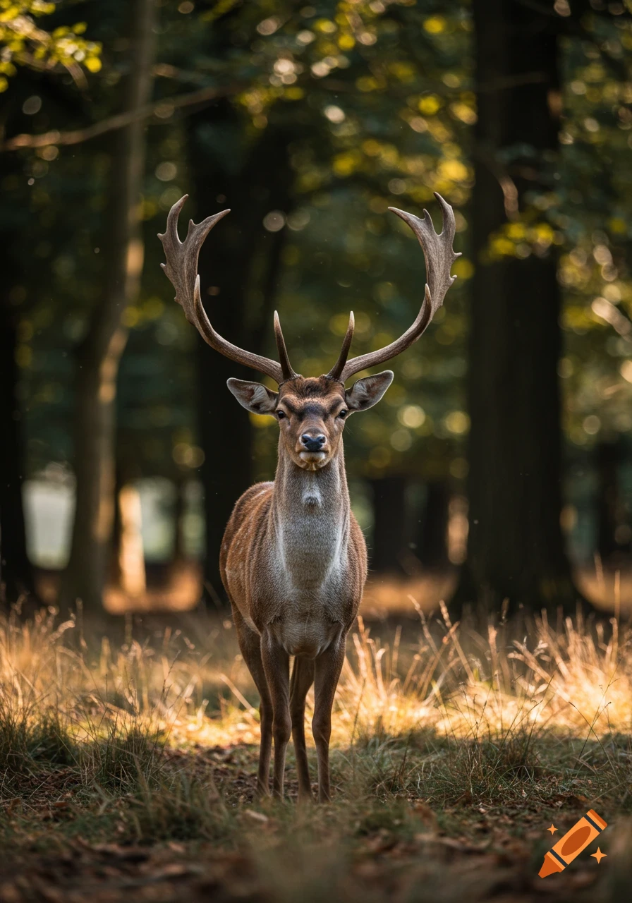A majestic deer with large antlers stands in a sun-dappled forest, looking directly at the viewer.