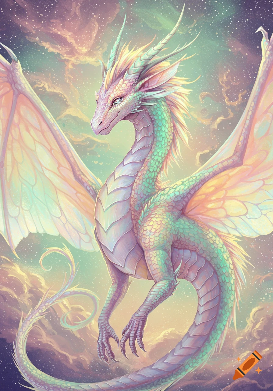 A pastel-colored dragon with large wings flies through a whimsical, cloudy sky filled with stars.
