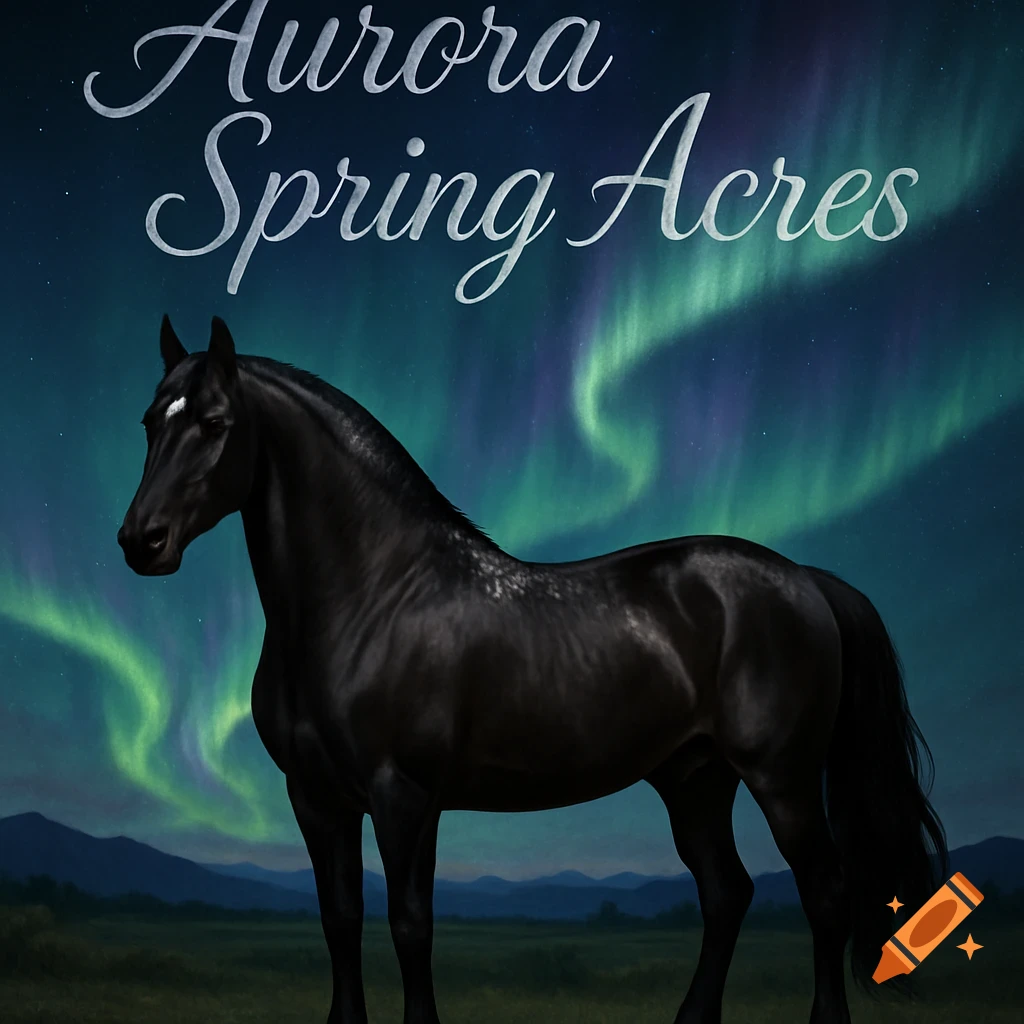 A black horse with a white blaze stands in a field under a night sky with vibrant green and purple northern lights. Text 'Aurora Spring Acres' is at the top.