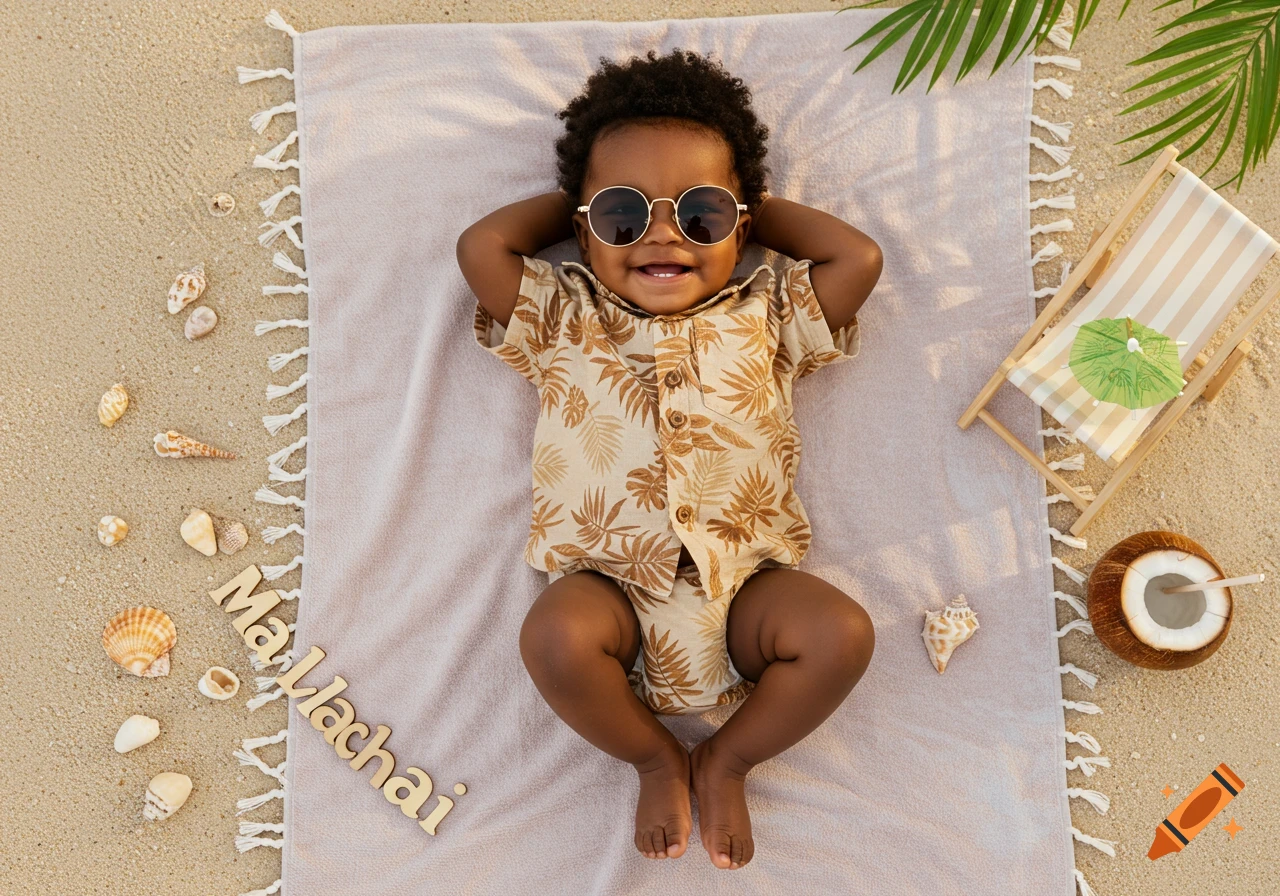 Photorealistic image of a smiling baby boy in sunglasses and a tropical shirt lounging on a beach towel with sand, seashells, and a coconut drink.