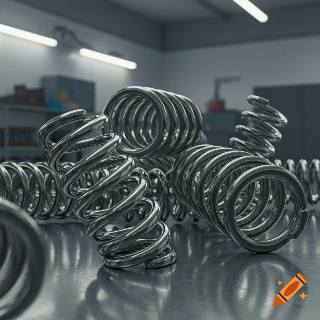 Hyperrealistic image of shiny metal springs scattered on a reflective surface in an industrial workshop.