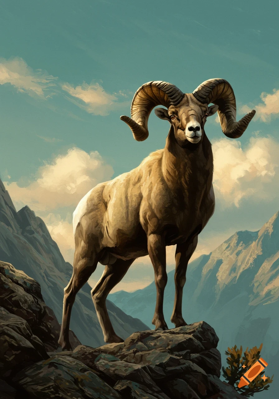 A majestic bighorn sheep stands on a rocky mountain peak against a cloudy sky, in a painterly style.