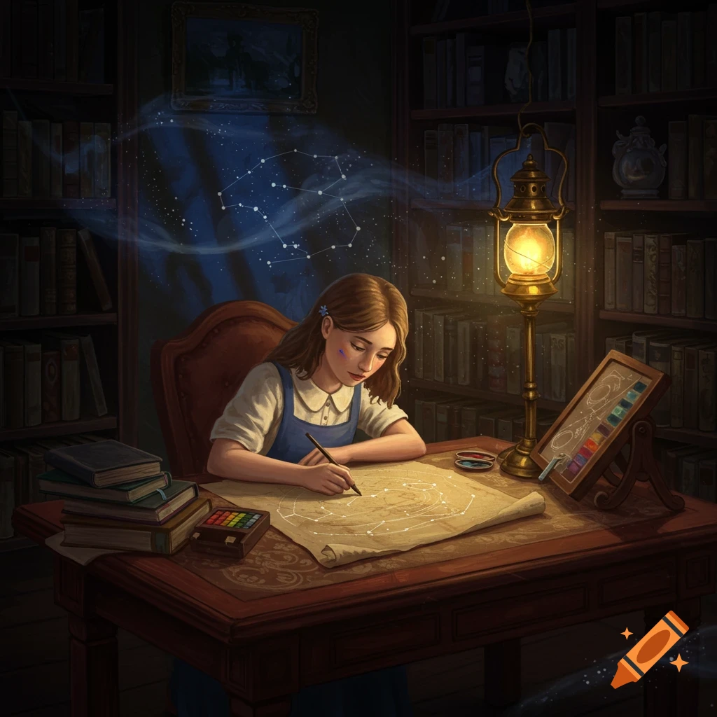 A young girl in a magical library draws a star map on a large scroll, illuminated by a lantern, with constellations floating above her head.