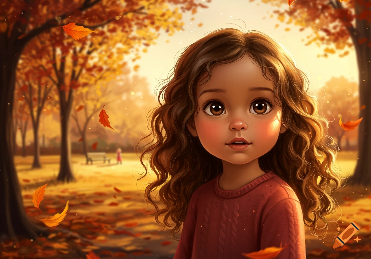 Cute illustration of a young girl with curly brown hair in an autumn park with falling orange leaves.