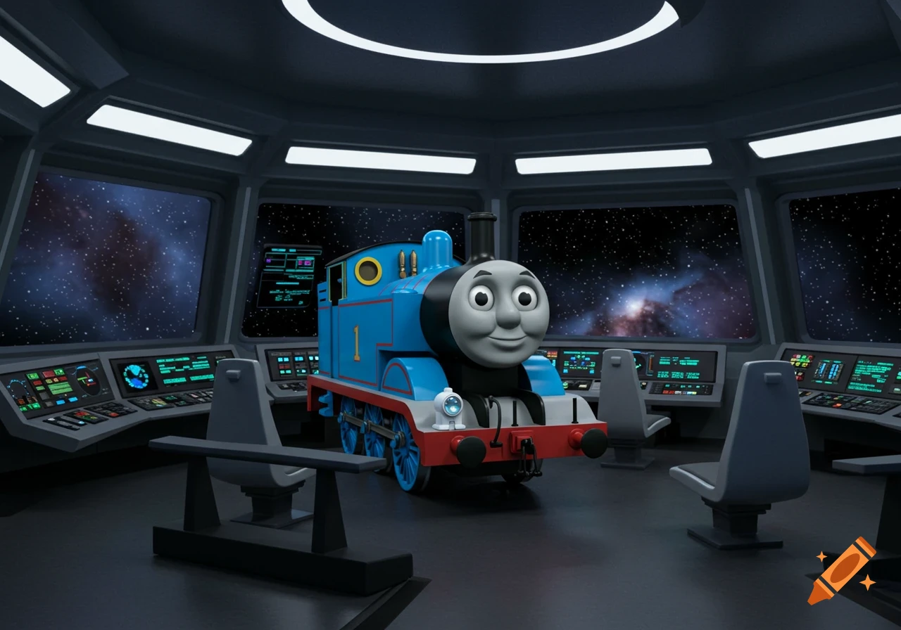 Thomas the Tank Engine standing in the bridge of a futuristic spaceship, looking out at stars and a nebula.