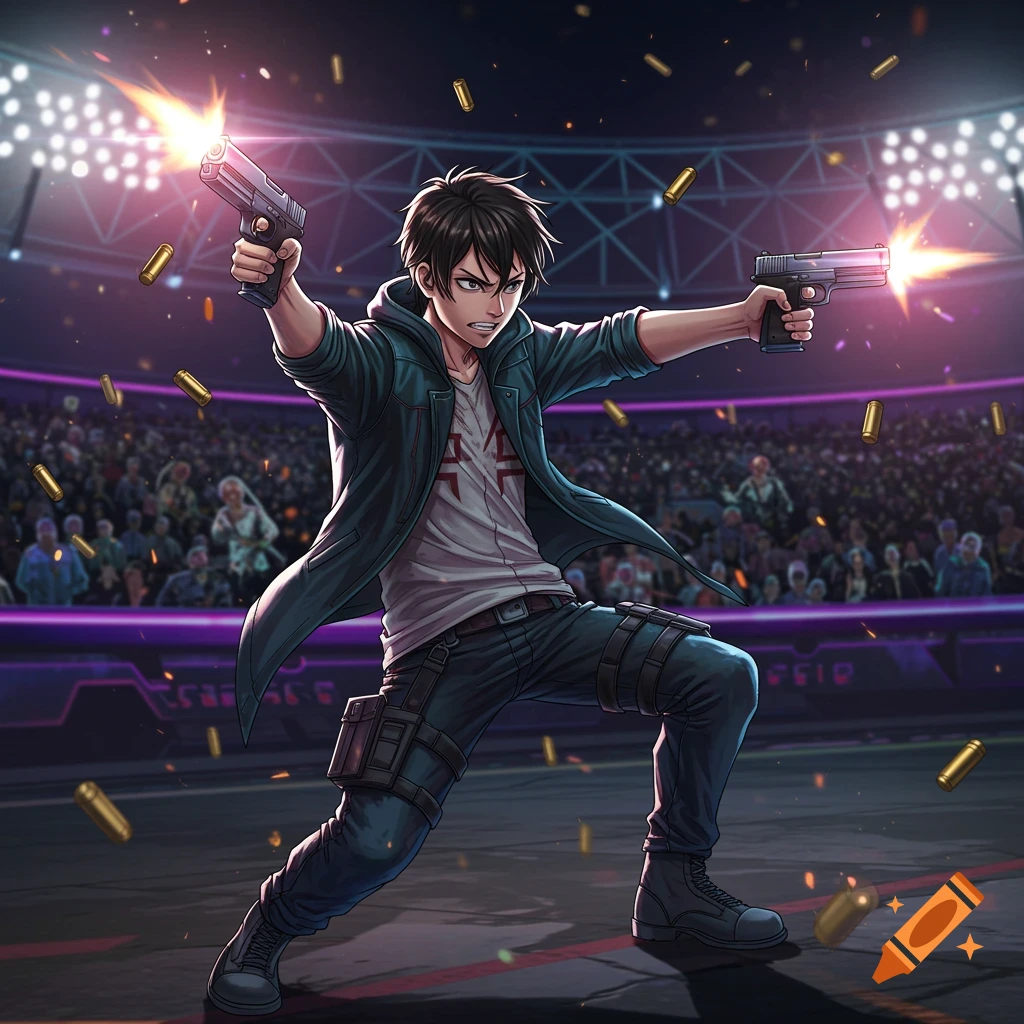 Anime illustration of a man firing two pistols in a stadium with a crowd.