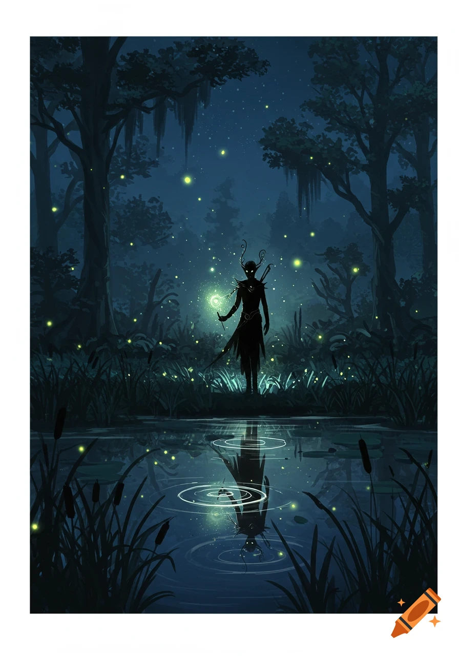 Silhouetted elf-like figure holding a glowing orb by a pond in a firefly-lit swamp at night.