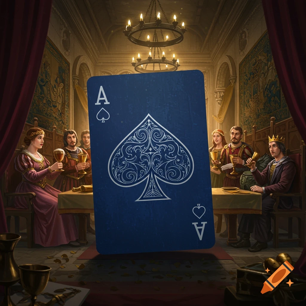 A large blue ace of spades card prominently in front of a royal court toasting with ale in a grand hall.