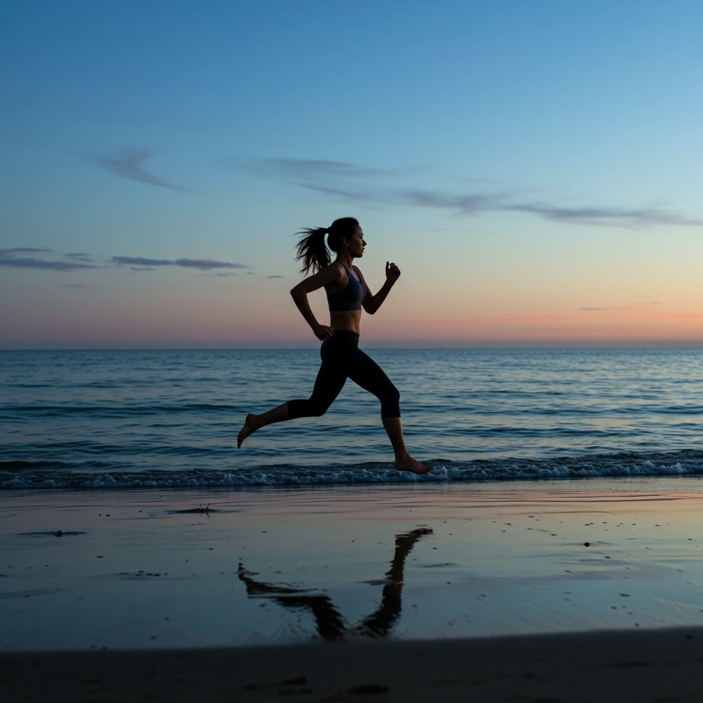 woman running on beach scene without sunset elements due to excluded words