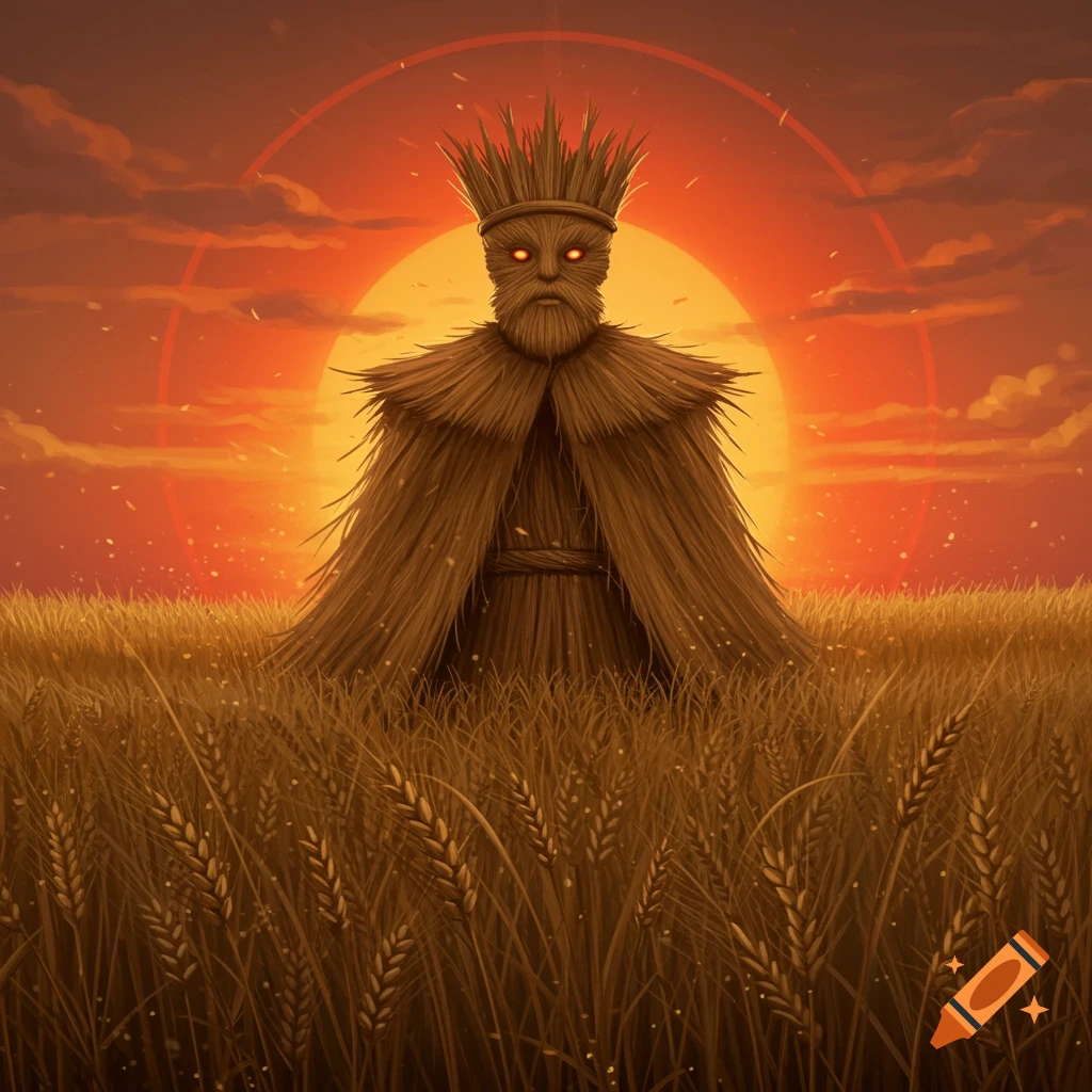A straw king figure with glowing eyes stands in a golden wheat field at sunset.