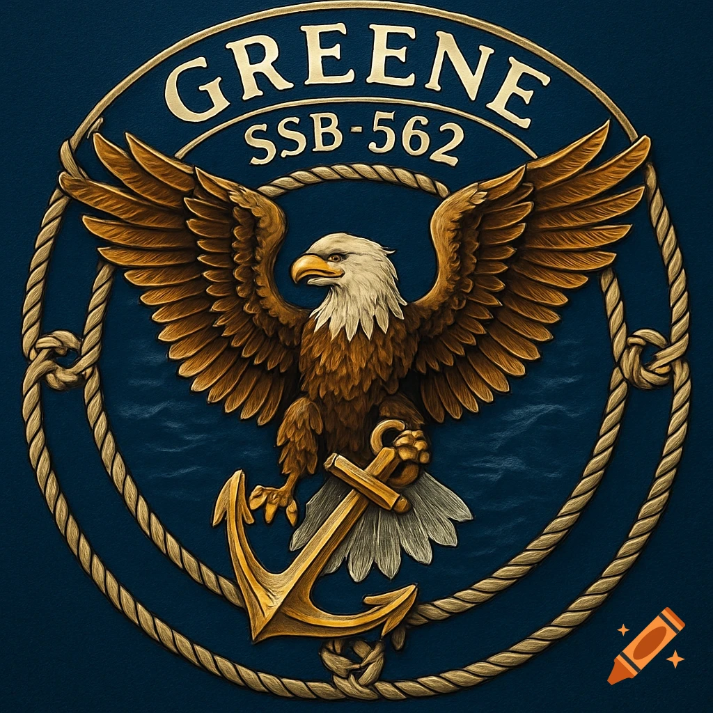 Naval heraldry emblem with a bald eagle holding a golden anchor, text 'GREENE SSB-562', encircled by rope on a dark blue background.
