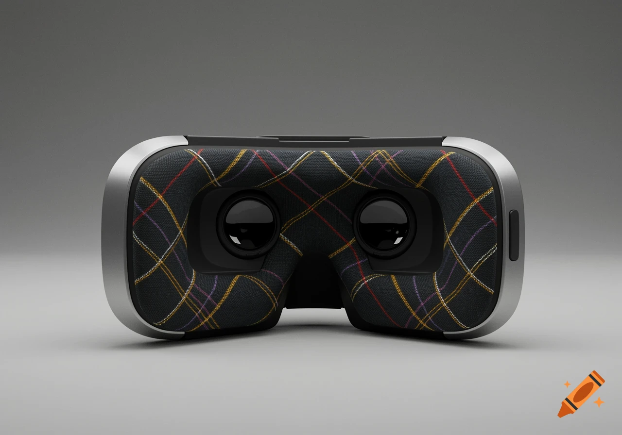 A close-up front view of a sleek black and silver VR headset with a luxurious tartan fabric lining inside.