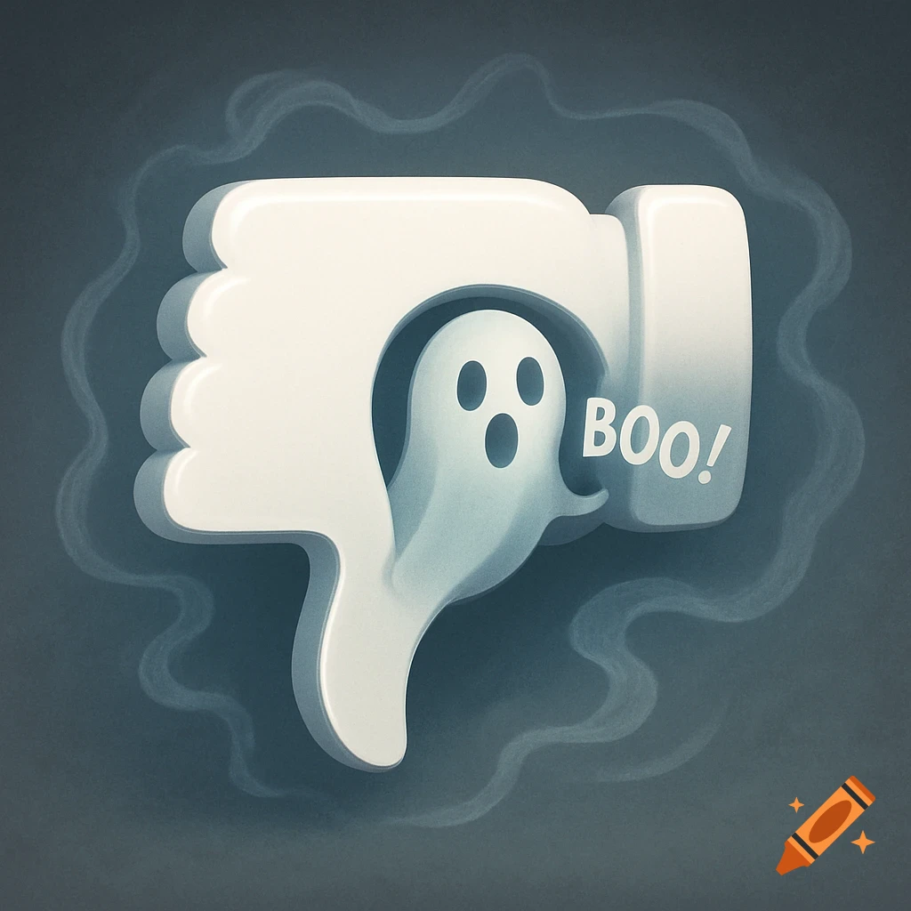 A stylized white thumbs down icon with a small white ghost emerging from the thumb, saying "BOO!"