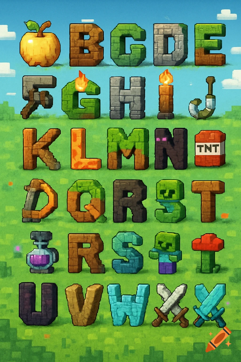 Minecraft-themed alphabet poster with each letter designed as a block or character from the game on a pixelated grassy background.
