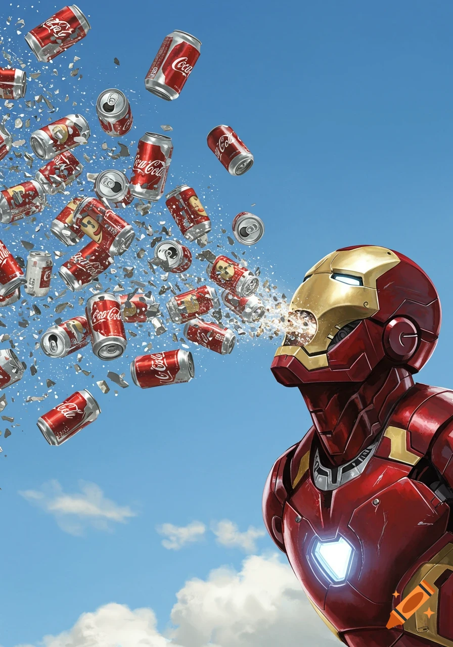 Iron Man, in his red and gold suit, spews dozens of exploding Coca-Cola cans and debris from his mouth against a blue sky.