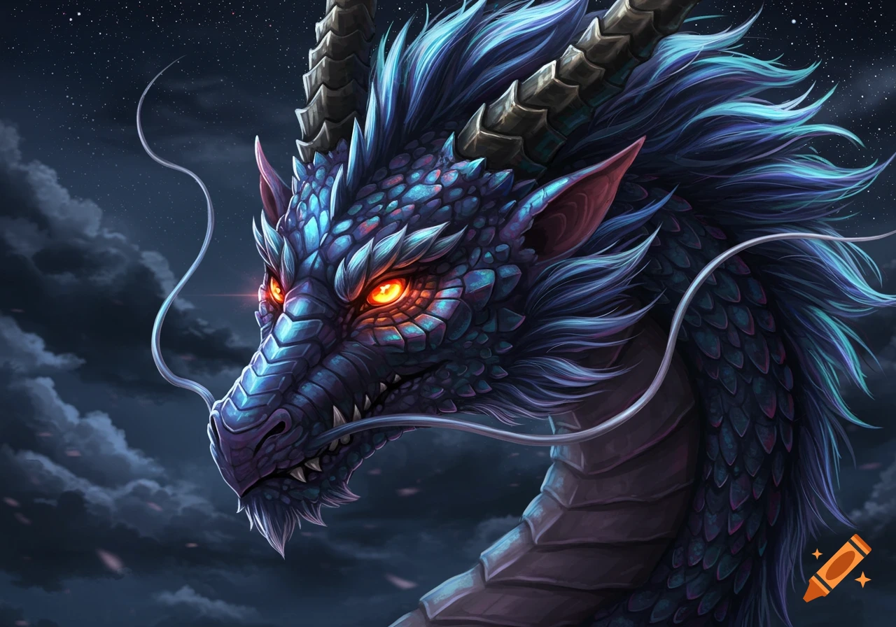 A highly detailed blue and purple dragon head with glowing orange eyes, set against a dark, cloudy, starry night sky.