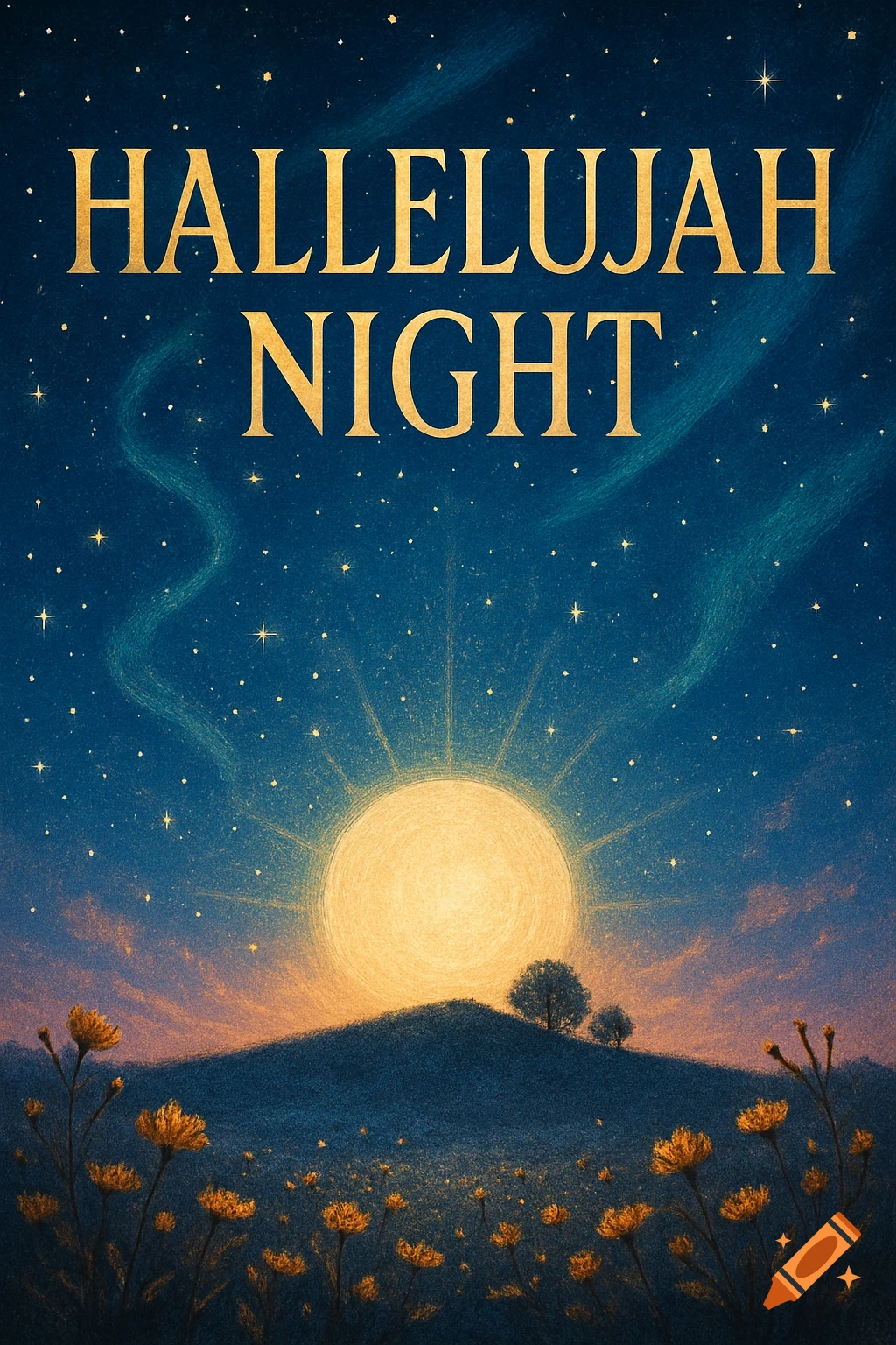 Golden 'HALLELUJAH NIGHT' text over a glowing sun/moon setting on a hill with flowers, under a starry blue night sky.