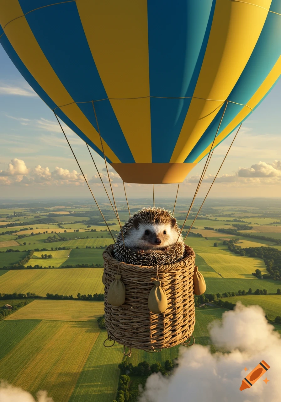 A photorealistic image of a cute hedgehog in a hot air balloon flying high over green fields and clouds.