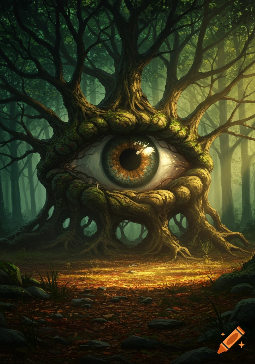 A large, ancient tree with a realistic human eye integrated into its trunk stands in a mystical, glowing forest, in a fantasy art style.
