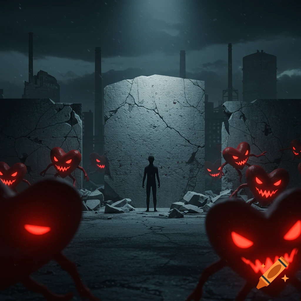 A lone silhouette stands amidst cracked concrete walls in a dark, decaying industrial cityscape, surrounded by menacing, glowing red hearts with sharp teeth.