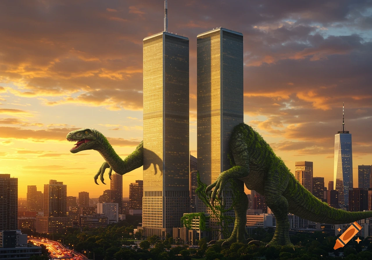 Photorealistic image of giant green dinosaurs with limbs emerging from Twin Towers against a sunset city skyline.
