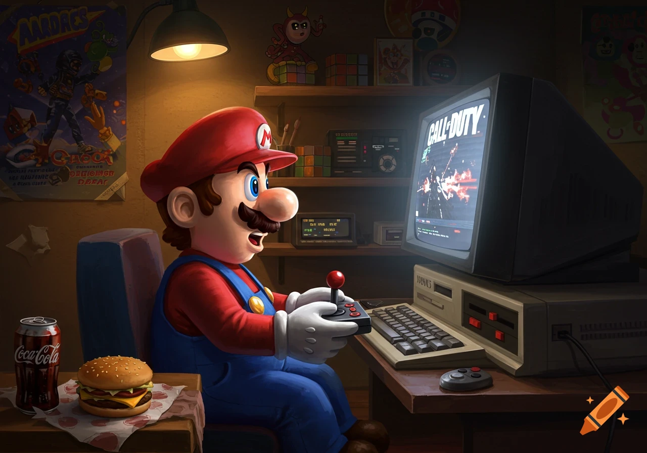 Super Mario playing Call of Duty on an old CRT computer, with a hamburger and soda on the desk, in a retro-styled room.
