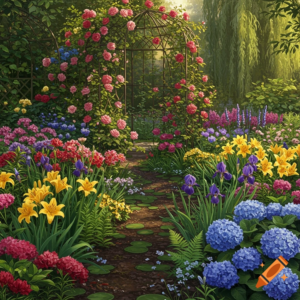 A vibrant, lush garden path winding under a rose-covered archway, surrounded by a variety of colorful flowers in a painterly style.