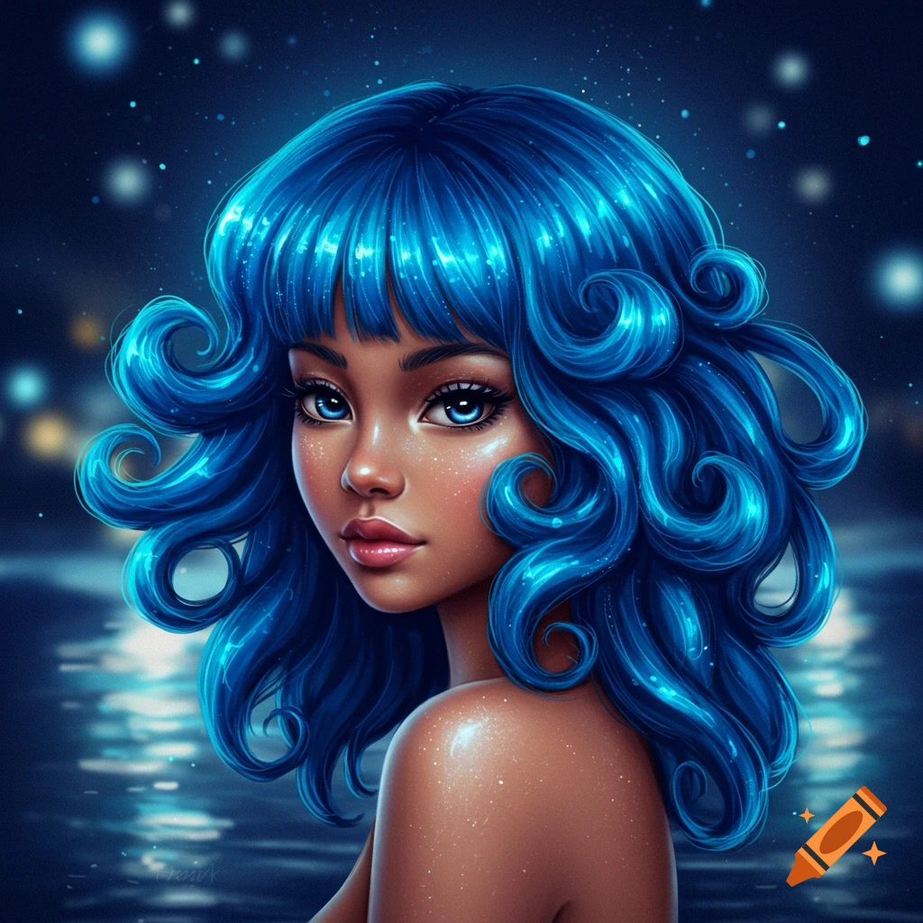Close-up portrait of a fantastical woman with bright blue, curly hair, glowing blue eyes, and shimmering skin, against a starry dark blue background.