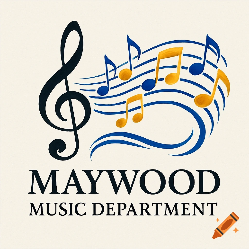 A logo featuring a large black treble clef, surrounded by blue wavy lines and gold and blue musical notes. Below, the text reads "MAYWOOD MUSIC DEPARTMENT".