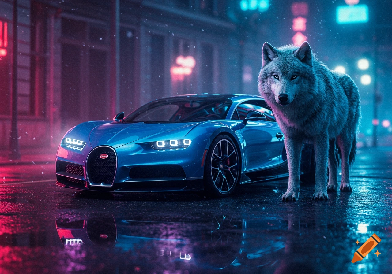 A blue Bugatti sports car and a grey wolf stand on a wet city street at night, illuminated by pink and blue neon lights.