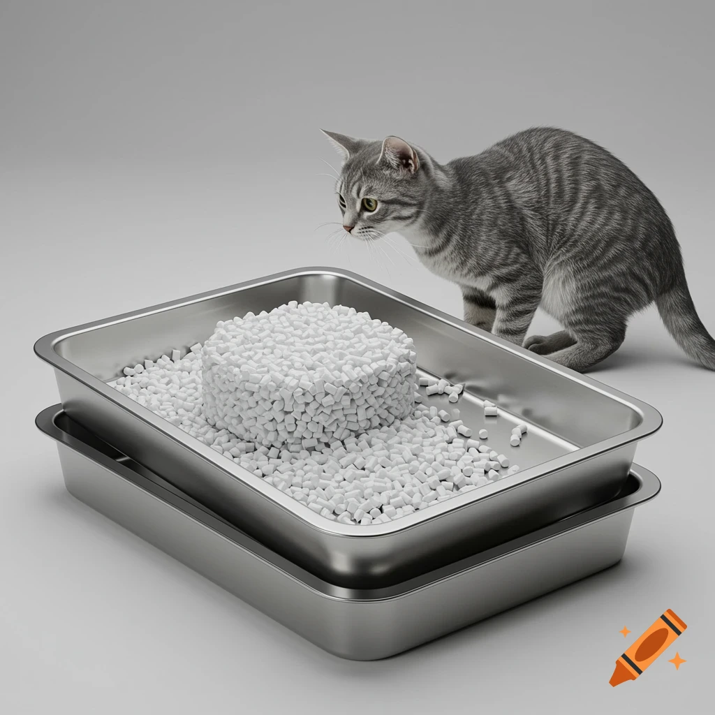 A photorealistic image of a grey tabby cat looking into a stainless steel litter box filled with white pellets.
