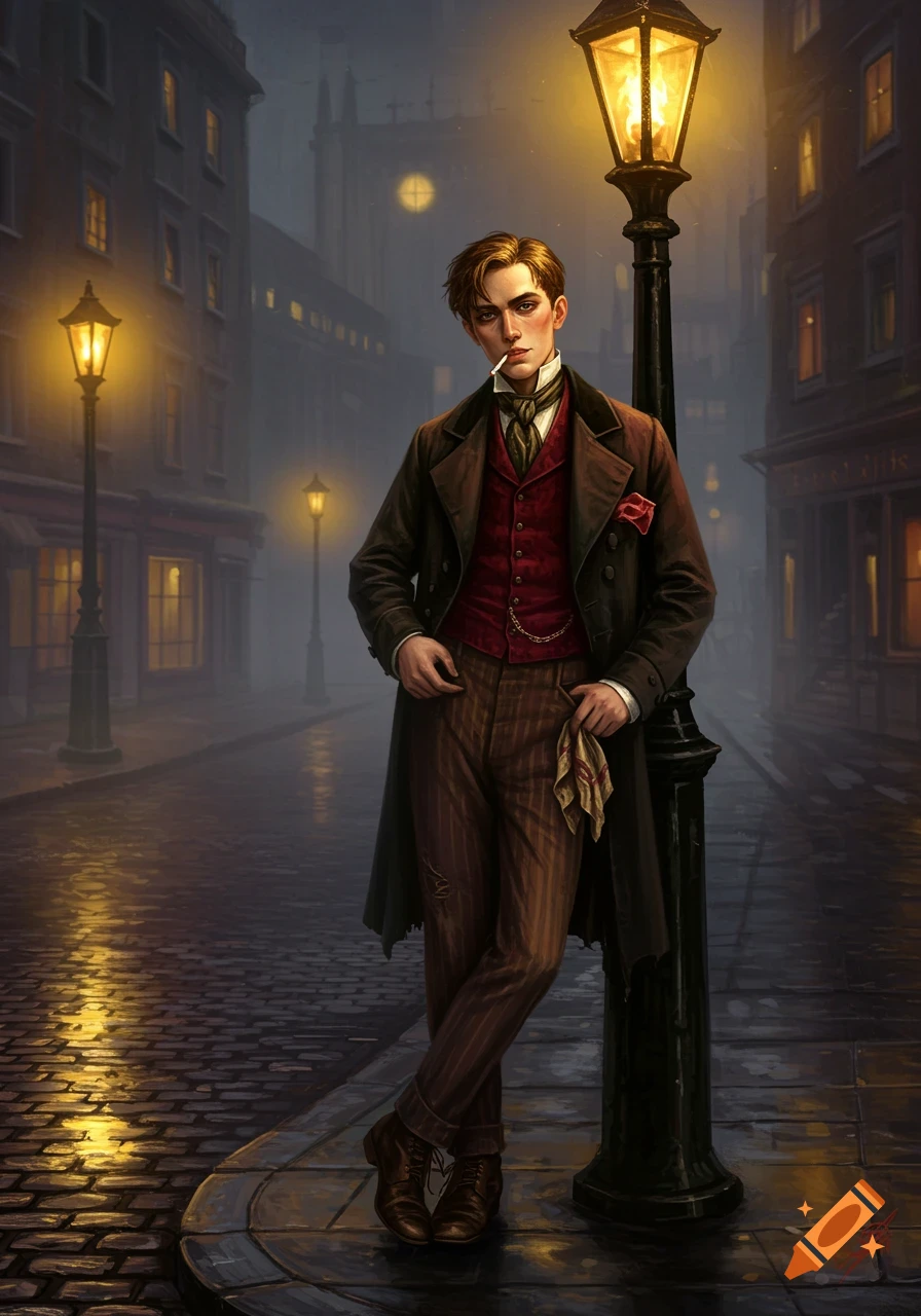 An impressionist painting depicts a young man in Victorian attire leaning against a lamppost on a foggy London street at night, with buildings and gaslamps in the background.