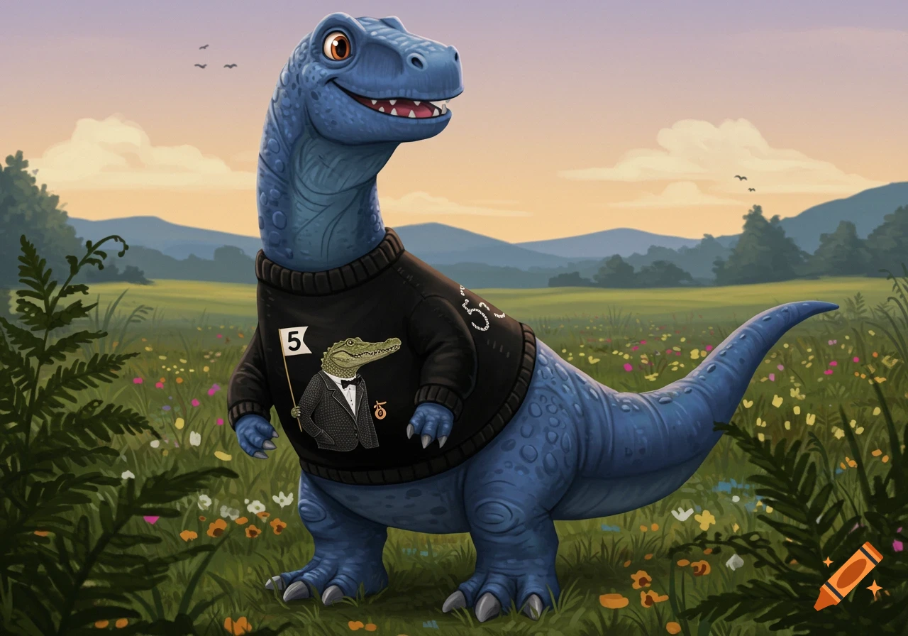 A friendly blue dinosaur in a black sweater with an alligator holding a '5' flag, standing in a field of wildflowers.