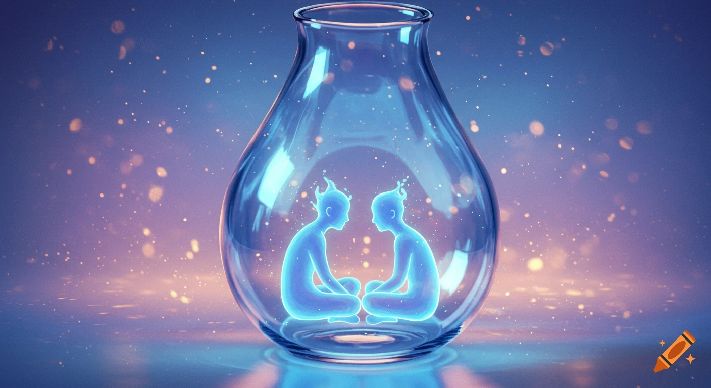 Two glowing blue ethereal figures sit inside a transparent teardrop vase, surrounded by dreamy purple, pink, and gold light.